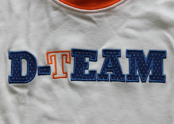 D-TEAM T-shirt !!  fr Weltmeister !! und die es werden wollen... weies T-Shirt mit Schriftzug Applikation und Seitenstreifen in blau/orange schweres Trikotjersey Interlockqualitt Material: 60% cotton, 40% Polyester by D-XEL fllt grozgig aus!