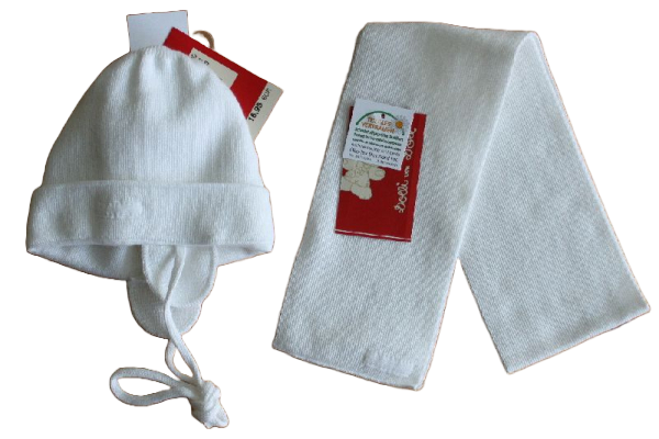 Strickbindemütze mit Schal, Baumwolle gedoppelt, weiß, Größe 37-43